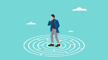 businessman standing in the middle of the maze thinking looking for a way out, problem solving concept, business people with maze puzzle, looking for solution or innovation in solving business problem
