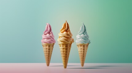 Sticker - Three colorful soft serve ice creams in waffle cones on a pastel backdrop