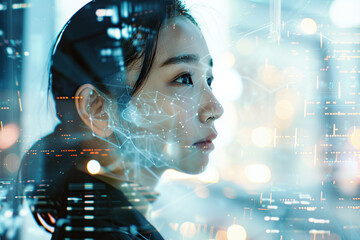 Futuristic portrait of Asian girl with glowing data visualization reflection of the screen. Woman In the network with line of code projected on her face. VR screen, AI Artificial Intelligence concept