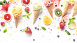 Colorful flat lay of ice cream cones with various fruits and splashes on white