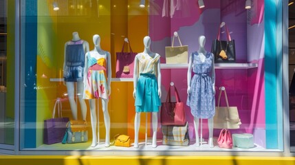 Wall Mural - A window display of clothing and handbags with a colorful background