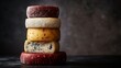 A stack of assorted cheeses with diverse textures and colors on a dark backdrop.