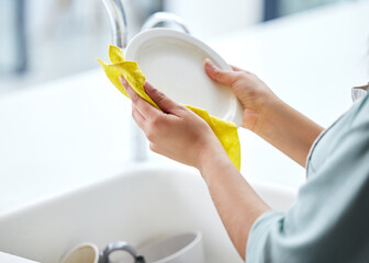 Sticker - Kitchen, washing dishes or person with plate, hands and cloth cleaning in sink or basin in healthy home. Dirty, messy germs or maid cleaner with liquid foam to disinfect, protect and prevent bacteria