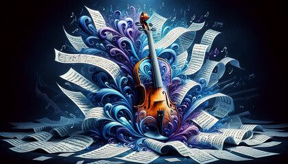 A violin is surrounded by sheets of music. The violin is surrounded by a lot of paper, and the sheet music is scattered all over the violin. Concept of creativity and artistic expression