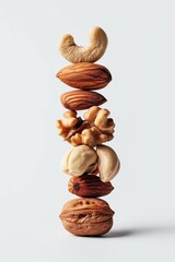 Canvas Print - A tower of assorted nuts in shells balanced on top of each other on a white background