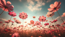 A Field Of Delicate Cosmos Flowers In Shades Of Pink And Coral, Standing Tall Against A Clear Sky