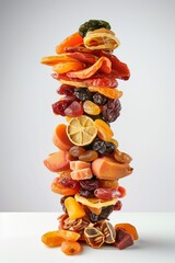 Poster - A vertical, balanced assortment of colorful dried fruits on a light background.