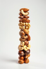 Poster - An assortment of whole nuts stacked in a vertical line against a white background