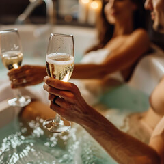 Wall Mural - A woman is drinking champagne in a bathtub with a woman holding a glass of champagne.