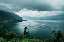Shot Between The River And Lake Toba In Cloudy Weather - Generative Ai 