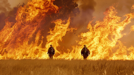 Wall Mural - Firefighters fighting a wildfire. Firemen extinguishing a blazing wild fire in nature.