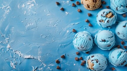 Canvas Print - A variety of blue ice cream scoops with chocolate chips on a textured background.