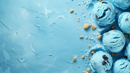 Poster - Scoops of blue ice cream with crumbs and chocolate pieces on a textured blue background