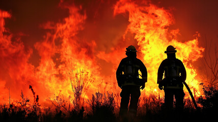 Wall Mural - Firefighters fighting a wildfire. Firemen extinguishing a blazing wild fire in nature.