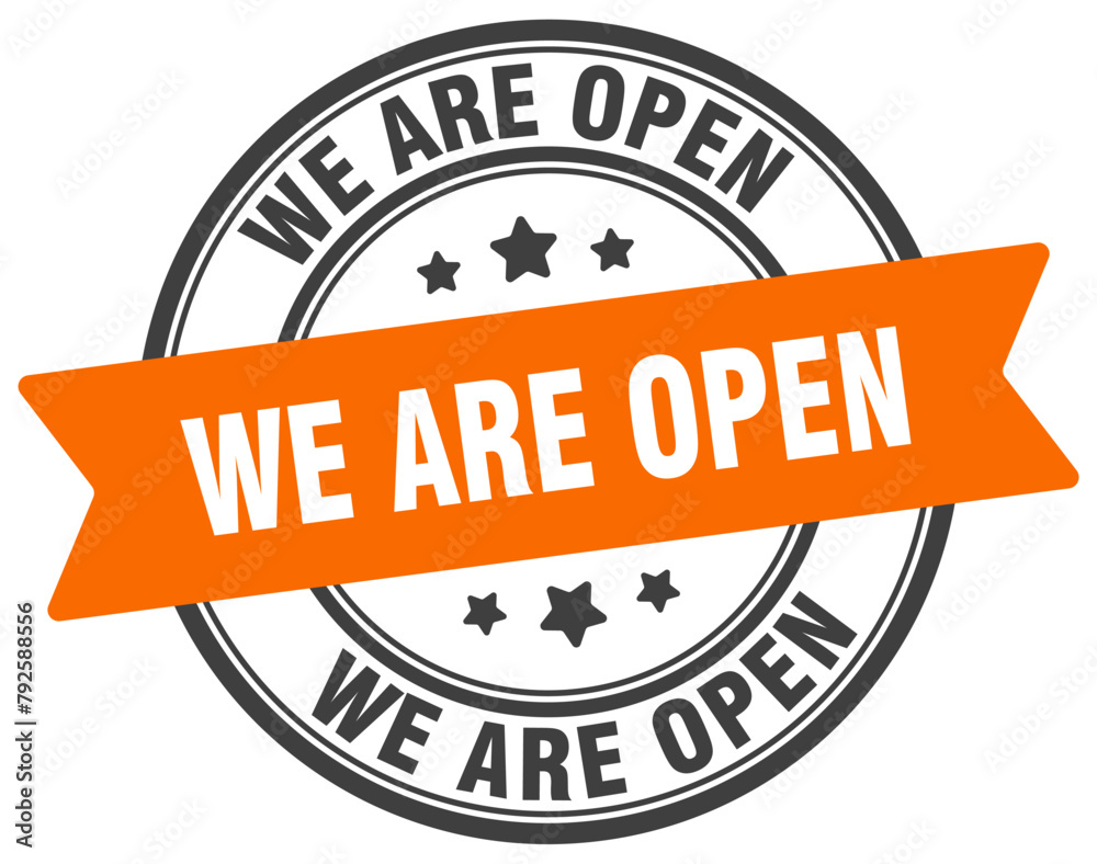 we are open stamp. we are open label on transparent background. round ...