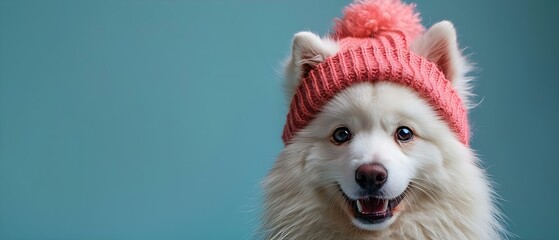 Wall Mural - Happy Samoyed dog in beret against blue studio background space for text. Concept Pets Photography, Samoyed Dogs, Studio Portraiture, Beret Fashion, Copy Space