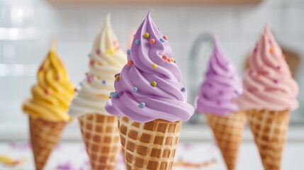 Wall Mural - Colorful soft serve ice cream cones with sprinkles on a bright background