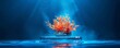 Brilliant orange coral bio-luminescence presented on a sleek platform against a deep blue ocean backdrop