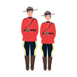 Canadian policeman and policewoman in traditional uniform - scarlet tunic and breeches. Full length portrait of royal Canadian mounted police person. Cartoon vector illustration isolated on white