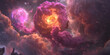 A colorful space scene with a pink cloud and a purple cloud. A bird is flying through the sky