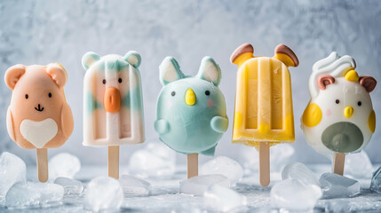 Poster - Colorful character ice pops lined up with ice cubes on a frosty background.