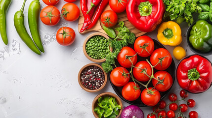 Wall Mural - A variety of vegetables including tomatoes, peppers, and onions are displayed on a table. Concept of abundance and freshness, as the vegetables are arranged in multiple bowls and on a countertop