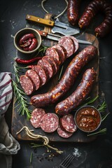 Wall Mural - Artisanal sliced sausages and spices on a wooden cutting board with rustic kitchenware.