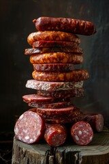 Poster - A tempting stack of various sliced cured sausages on a rustic wooden surface