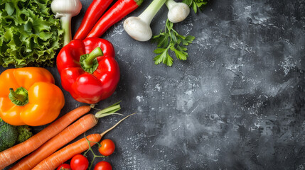 Wall Mural - A variety of vegetables including carrots, tomatoes, and peppers are arranged on a counter. Concept of freshness and health, as the vegetables are vibrant and colorful