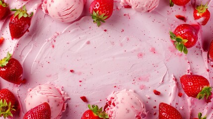 Poster - Close-up of strawberry ice cream scoops and fresh strawberries on a surface.