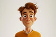 Happy smiling cartoon character young adult man male person portrait with light brown hair and big eyes in 3d style design on light background. Human people feelings expression concept