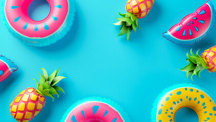 Wall Mural - Pool water float toys. Inflatable swim rings, watermelon, pineapple colourful ocean floating rings for children. 3D render cartoon for tropical vacation copy space banner for mobile and web. 