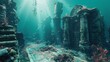 Fantasy RPG adventure scene, exploring deep sea ruins, mysterious glyphs and submerged palaces, an underwater odyssey in stunning 4k resolution