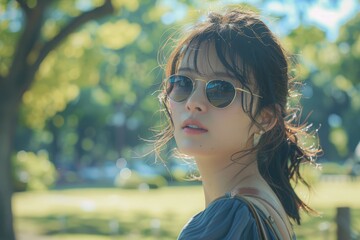 Wall Mural - young Japanese woman in a casual summer outfit, trendy sunglasses, stylish handbag, enjoying a stroll in a Tokyo park