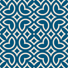 Vector floral seamless pattern in arabesque style. Blue and white texture with flowers, leaves, petals, curved shapes. Simple geometric background. Abstract oriental ornament. Elegant repeated design