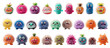Funny fancy freak soft fluffy jelly, silicone, rubber freak monsters characters with emotions, clipart set