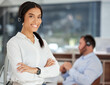 © peopleimages.com - Call center, portrait or arms crossed by woman manager in office consulting for crm, faq or b2b networking. About us, leadership or outsourcing recruiter with telemarketing, pride or customer support