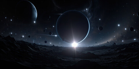 Cosmic scene featuring planets set against an electrifying neon synthwave ambiance in open space.