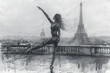 Pencil art of olympic gymnastics woman in artistic move at eiffel tower