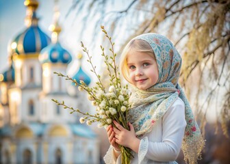 Palm Sunday. Christianity. Portrait of a three-year-old girl in a Russian folk shawl with willow branches in her hands against the background of a church and a sunset.