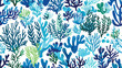 Seamless pattern with blue and green corals seaweed 