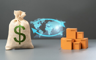 Wall Mural - World trade in goods and products. Dollar and boxes with arrows and world map. Prices. Increase in supplies and production rates. Global Business and Economics