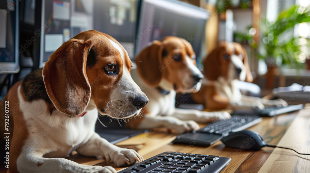 Three beagles using computer keyboards in an office setting. Stock ...