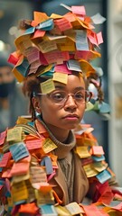 Wall Mural - Female startup founder, clad in post-it note suit, sips coffee amidst multitasking in modern office, embodying dynamic startup culture.generative ai