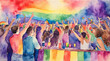 LGBTQ community having fun at party, watercolor painting style, generative AI.