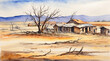 Abandon house in a dried desert, watercolor painting style, generative AI.