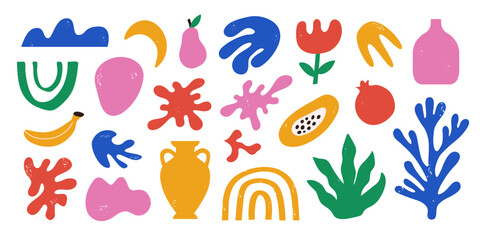 Poster - Abstract set natural organic shapes on a white background. Trendy doodle bundle with summer hand drawn plant leaf, fruit and tropical shapes. Vector illustration