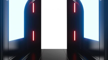 Wall Mural - futuristic opening gate or door in black moving sci fi technology tunnel or room with neon light. re