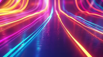 Vibrant neon light trails on wet surface