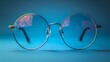 © harta hun yar - A trendy and fashion-forward round glasses mockup on a solid blue background, featuring its thin wire frames and clear lenses, all presented in HD to highlight its modern and hipster aesthetic